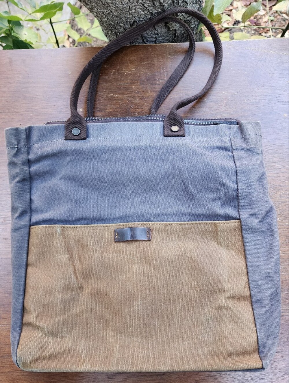Vintage Waxed Canvas Tote Bag Two Tone Grey Brown Utility Work Shoulder Handbag